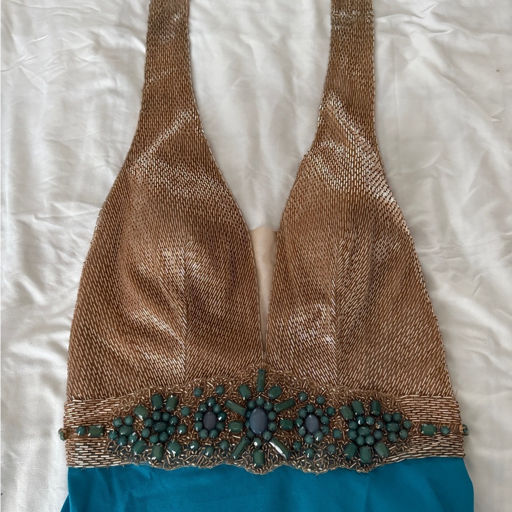 Tarik Ediz Gold and Teal Embellished Tank Top